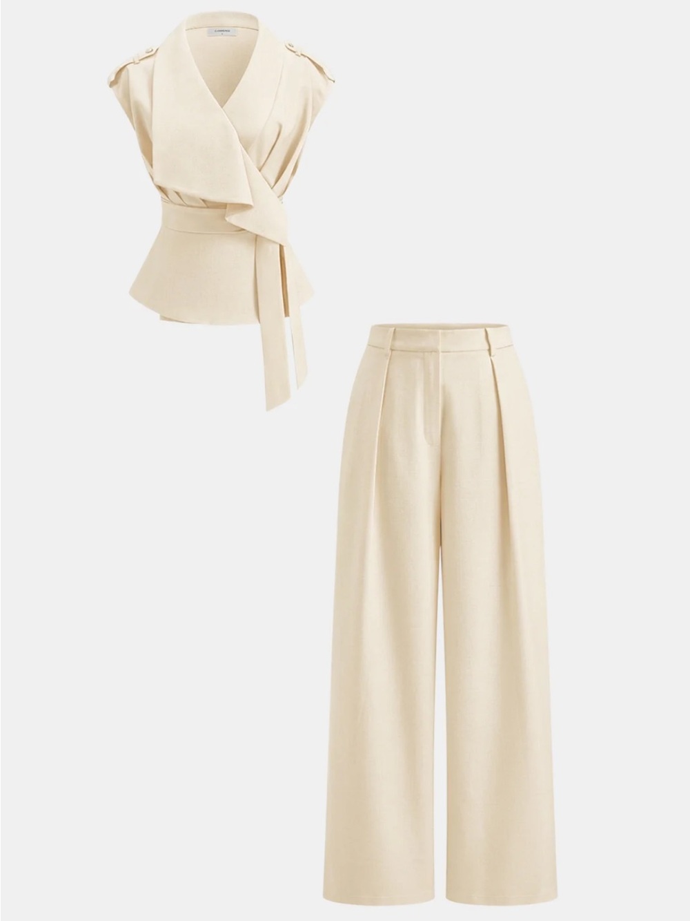 Commense Sleeveless Wrap Top & Wide-Leg Pants Set - Cream XS